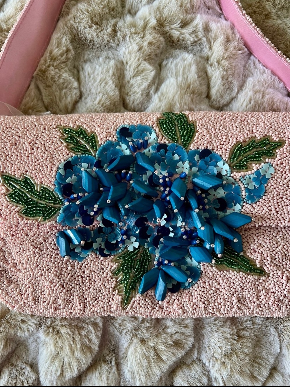 Handcrafted Pink Beaded Shoulder Bag with Blue Hydrangea Appliqué - Picture 2 of 7
